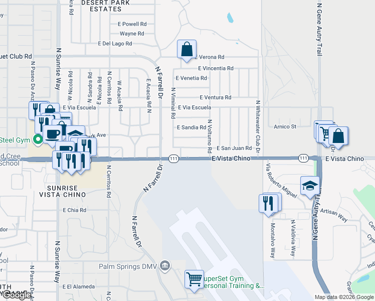 map of restaurants, bars, coffee shops, grocery stores, and more near 2777 East San Juan Road in Palm Springs