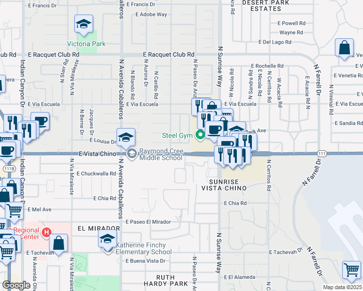 map of restaurants, bars, coffee shops, grocery stores, and more near in Palm Springs