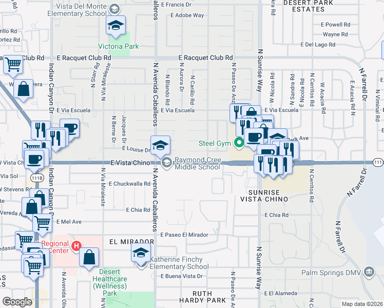 map of restaurants, bars, coffee shops, grocery stores, and more near 1289 East Caleta Way in Palm Springs