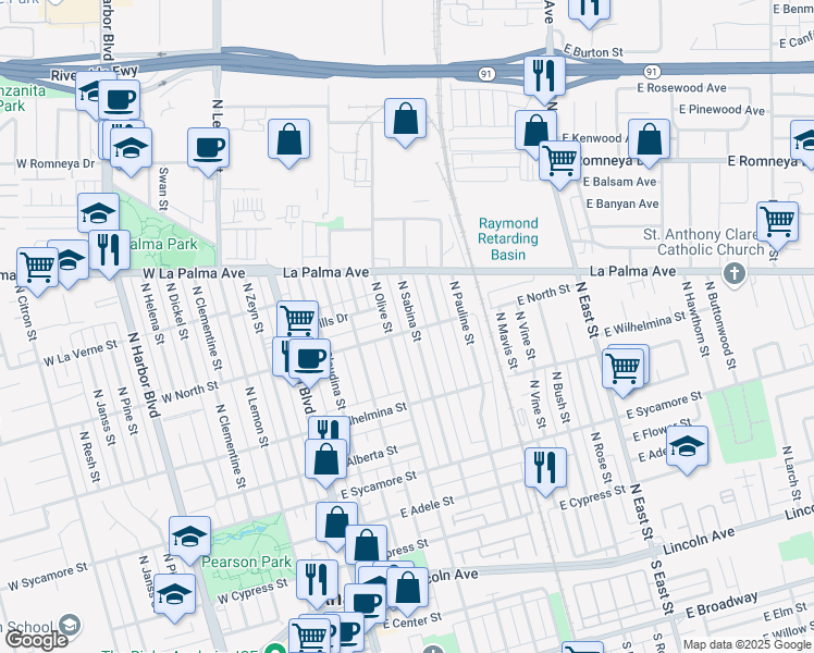 map of restaurants, bars, coffee shops, grocery stores, and more near 801 North Sabina Street in Anaheim