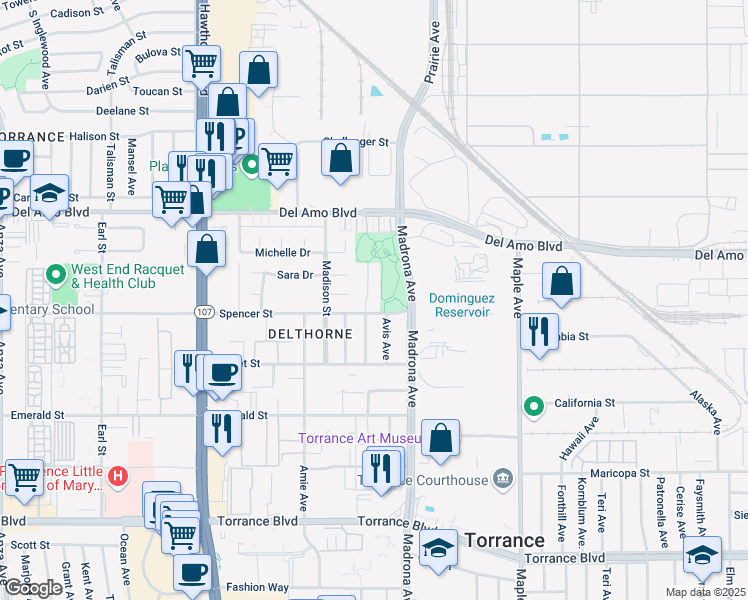 map of restaurants, bars, coffee shops, grocery stores, and more near 20448 Osage Avenue in Torrance