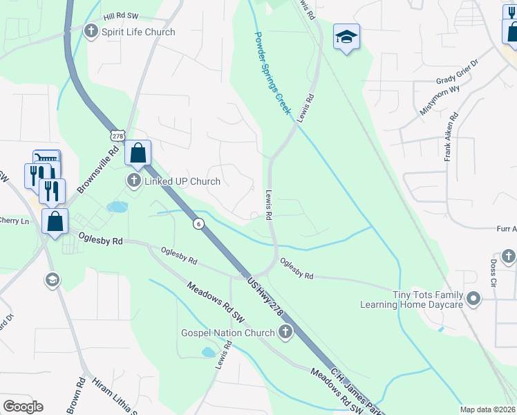map of restaurants, bars, coffee shops, grocery stores, and more near 4499 Lilly Brook Court in Powder Springs