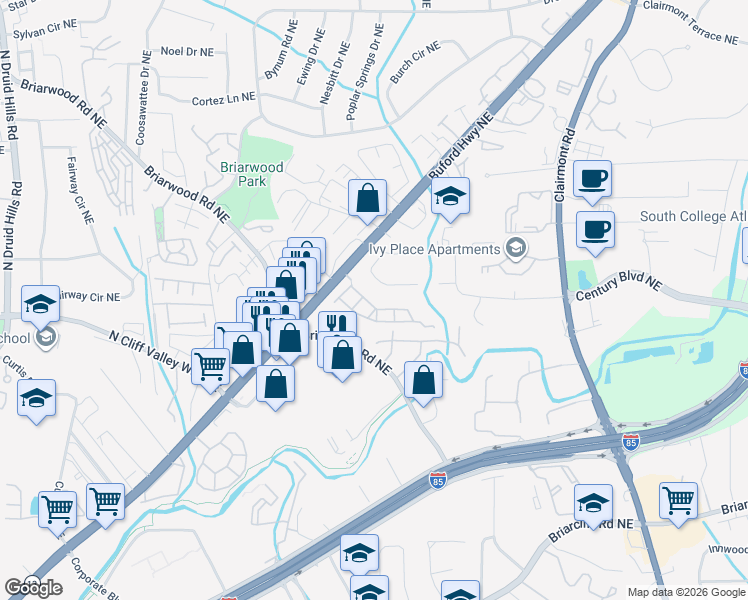 map of restaurants, bars, coffee shops, grocery stores, and more near 1582 Lenox Overlook Road in Atlanta