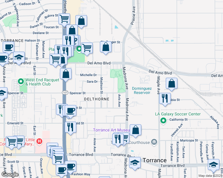 map of restaurants, bars, coffee shops, grocery stores, and more near 20449 Osage Avenue in Torrance