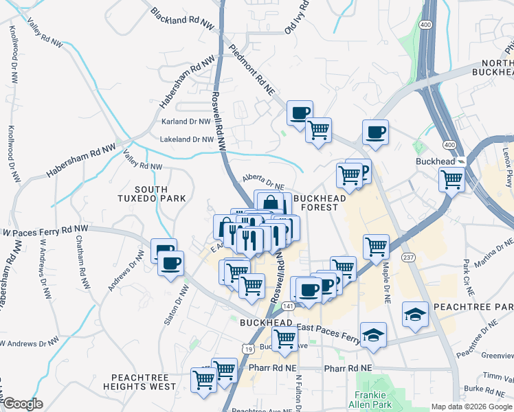map of restaurants, bars, coffee shops, grocery stores, and more near 3351 Roswell Road Northeast in Atlanta