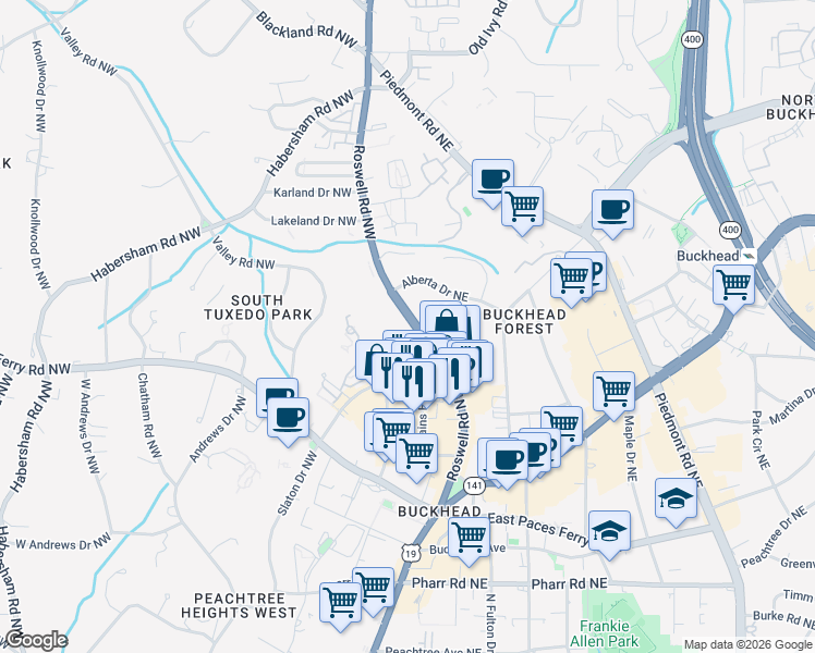 map of restaurants, bars, coffee shops, grocery stores, and more near 3300 Roswell Road Northwest in Atlanta