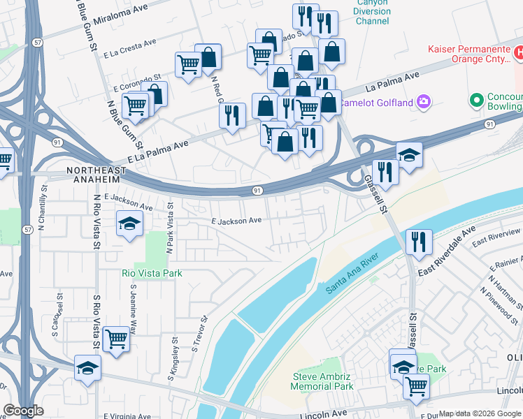 map of restaurants, bars, coffee shops, grocery stores, and more near 450 North Vía Porto in Anaheim
