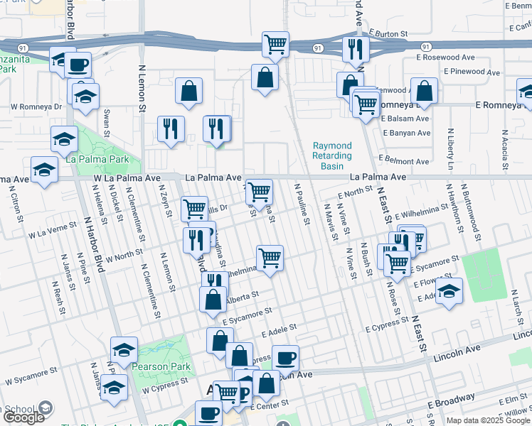 map of restaurants, bars, coffee shops, grocery stores, and more near 814 North Sabina Street in Anaheim