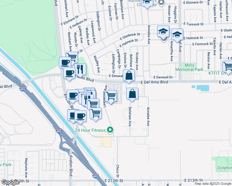 map of restaurants, bars, coffee shops, grocery stores, and more near 950 East Del Amo Boulevard in Carson