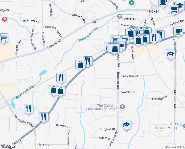 map of restaurants, bars, coffee shops, grocery stores, and more near 2100 Shady Lane in Tucker