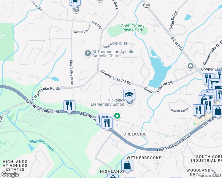 map of restaurants, bars, coffee shops, grocery stores, and more near 2175 Berryhill Circle Southeast in Smyrna