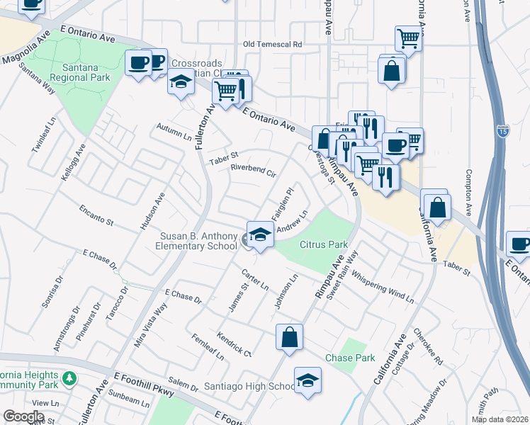 map of restaurants, bars, coffee shops, grocery stores, and more near 1085 Trailview Lane in Corona