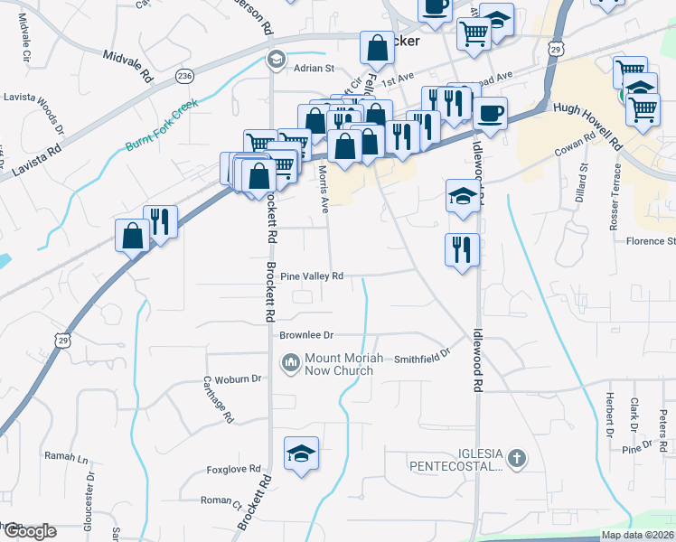 map of restaurants, bars, coffee shops, grocery stores, and more near 2103 Morris Ave in Tucker
