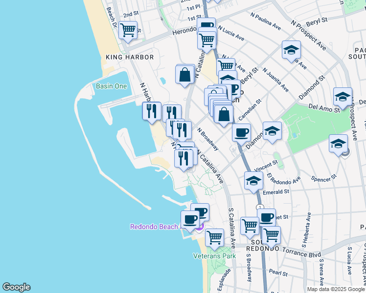 map of restaurants, bars, coffee shops, grocery stores, and more near 300 North Harbor Drive in Redondo Beach