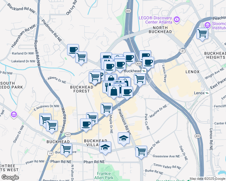 map of restaurants, bars, coffee shops, grocery stores, and more near 3333 Piedmont Road Northeast in Atlanta