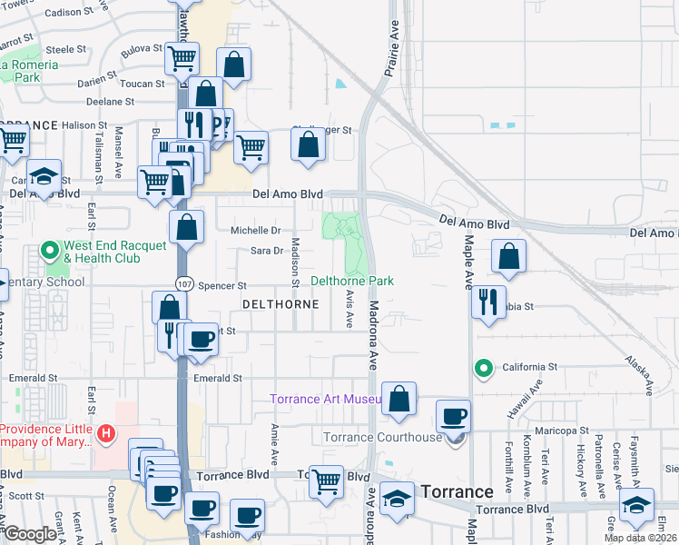 map of restaurants, bars, coffee shops, grocery stores, and more near 20448 Osage Avenue in Torrance