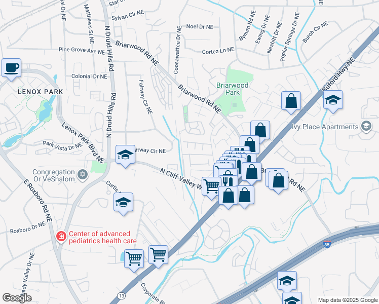 map of restaurants, bars, coffee shops, grocery stores, and more near 2132 Pembroke Drive in Brookhaven