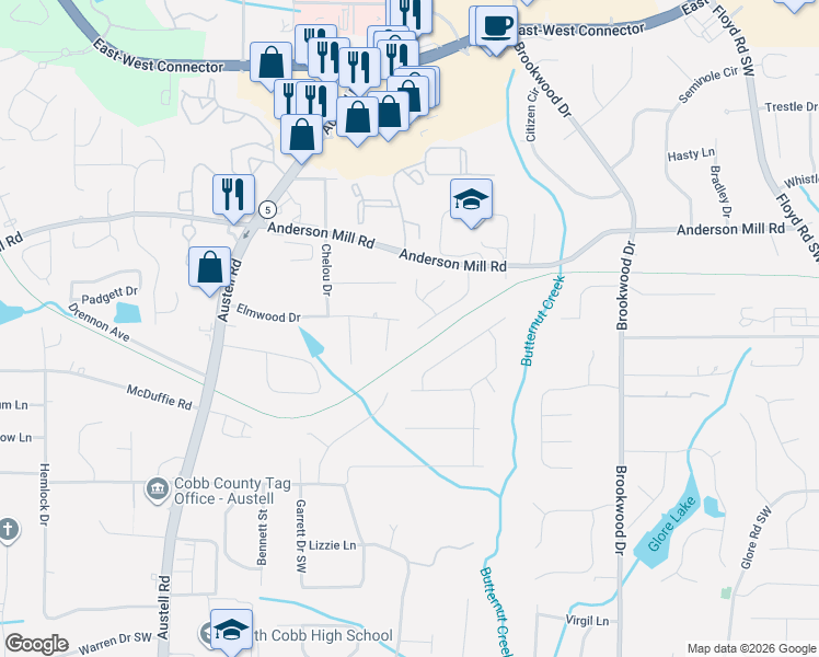 map of restaurants, bars, coffee shops, grocery stores, and more near 1584 Silver Ridge Drive Southwest in Austell