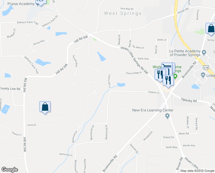 map of restaurants, bars, coffee shops, grocery stores, and more near 5241 Cherry Hill Lane in Powder Springs