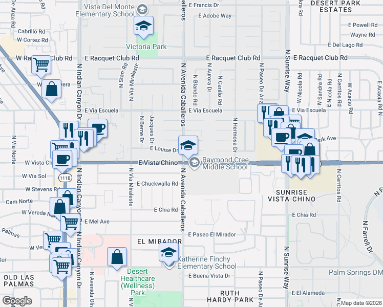 map of restaurants, bars, coffee shops, grocery stores, and more near 1020 East Louise Drive in Palm Springs