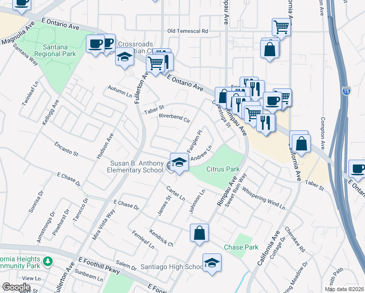 map of restaurants, bars, coffee shops, grocery stores, and more near 1085 Trailview Lane in Corona