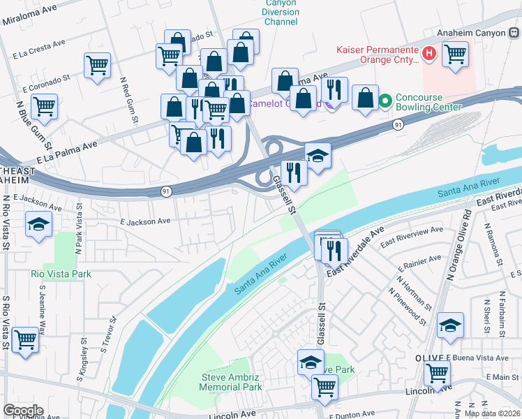 map of restaurants, bars, coffee shops, grocery stores, and more near 3060 East Frontera Street in Anaheim