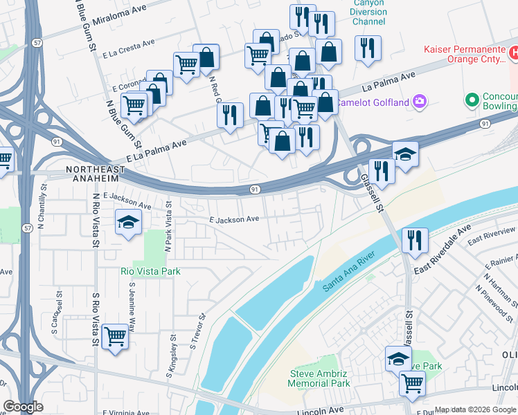 map of restaurants, bars, coffee shops, grocery stores, and more near 450 North Vía Porto in Anaheim