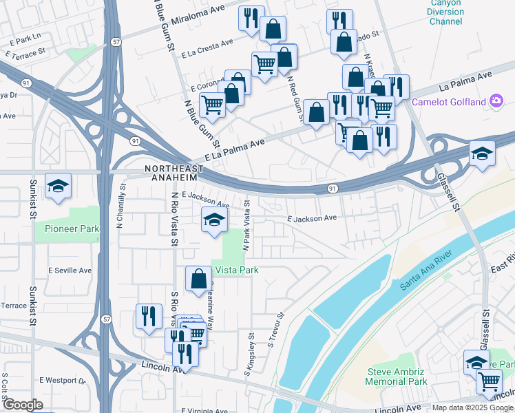 map of restaurants, bars, coffee shops, grocery stores, and more near 500 North Park Vista Street in Anaheim