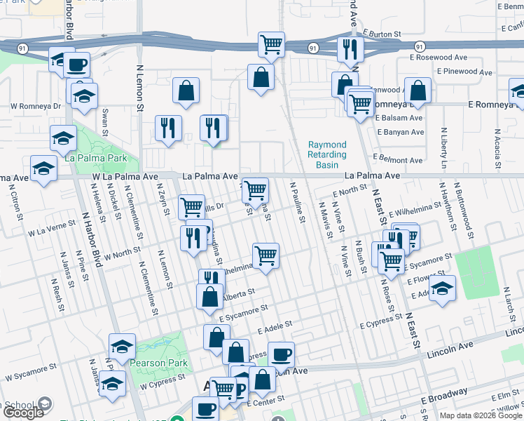 map of restaurants, bars, coffee shops, grocery stores, and more near 814 North Sabina Street in Anaheim
