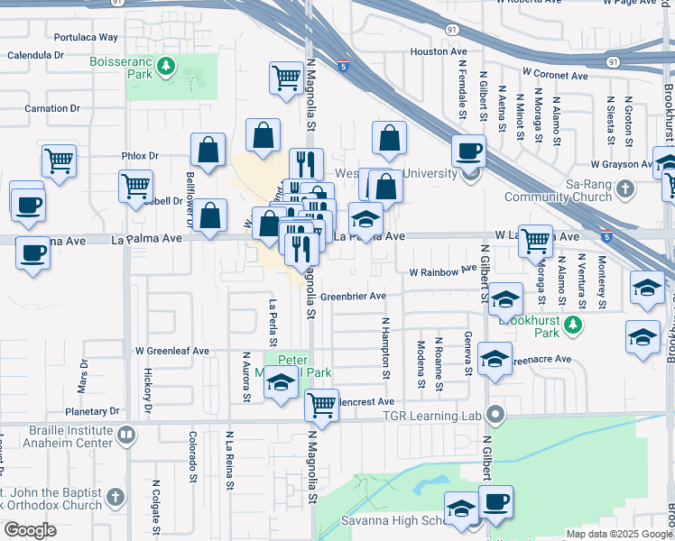 map of restaurants, bars, coffee shops, grocery stores, and more near 1040 North Magnolia Street in Anaheim