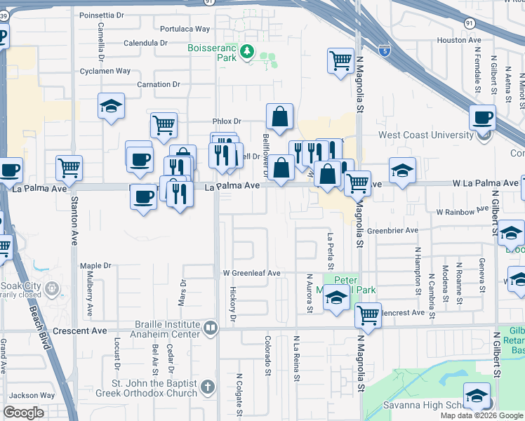 map of restaurants, bars, coffee shops, grocery stores, and more near 8054 Teakwood Circle in Buena Park