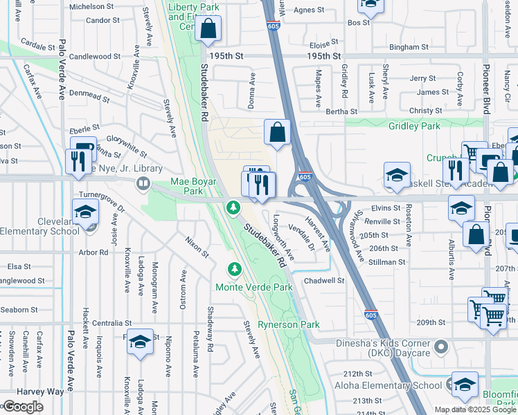 map of restaurants, bars, coffee shops, grocery stores, and more near 11126 Del Amo Boulevard in Lakewood