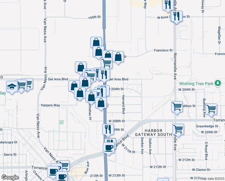 map of restaurants, bars, coffee shops, grocery stores, and more near 1639 West 204th Street in Torrance