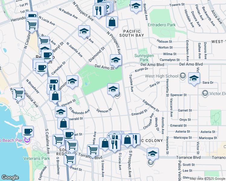 map of restaurants, bars, coffee shops, grocery stores, and more near 1110 Vincent Street in Redondo Beach