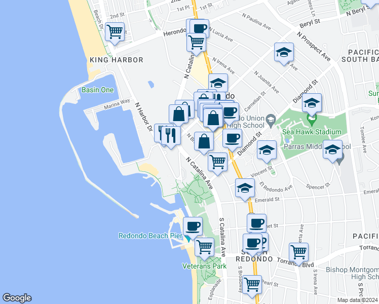 map of restaurants, bars, coffee shops, grocery stores, and more near 415 North Broadway in Redondo Beach