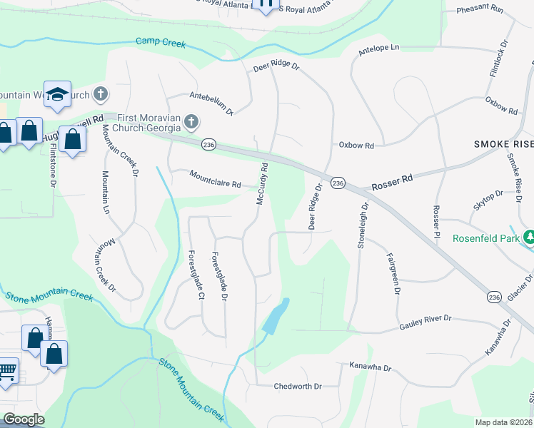 map of restaurants, bars, coffee shops, grocery stores, and more near 2265 McCurdy Road in Stone Mountain