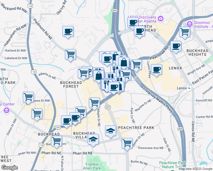 map of restaurants, bars, coffee shops, grocery stores, and more near 3322 Peachtree Road Northeast in Atlanta