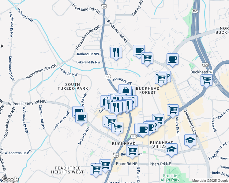 map of restaurants, bars, coffee shops, grocery stores, and more near 3351 Roswell Road Northeast in Atlanta