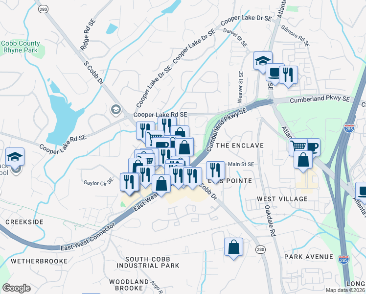 map of restaurants, bars, coffee shops, grocery stores, and more near 1868 Fox Chapel Drive Southeast in Smyrna