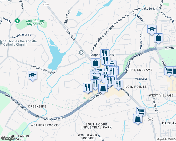 map of restaurants, bars, coffee shops, grocery stores, and more near 4348 Ivy Glen Court Southeast in Smyrna