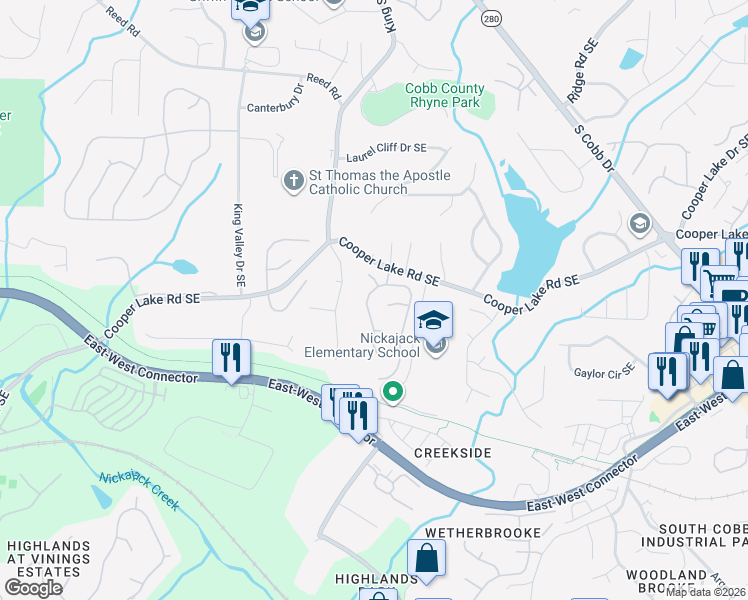 map of restaurants, bars, coffee shops, grocery stores, and more near 2175 Berryhill Circle Southeast in Smyrna