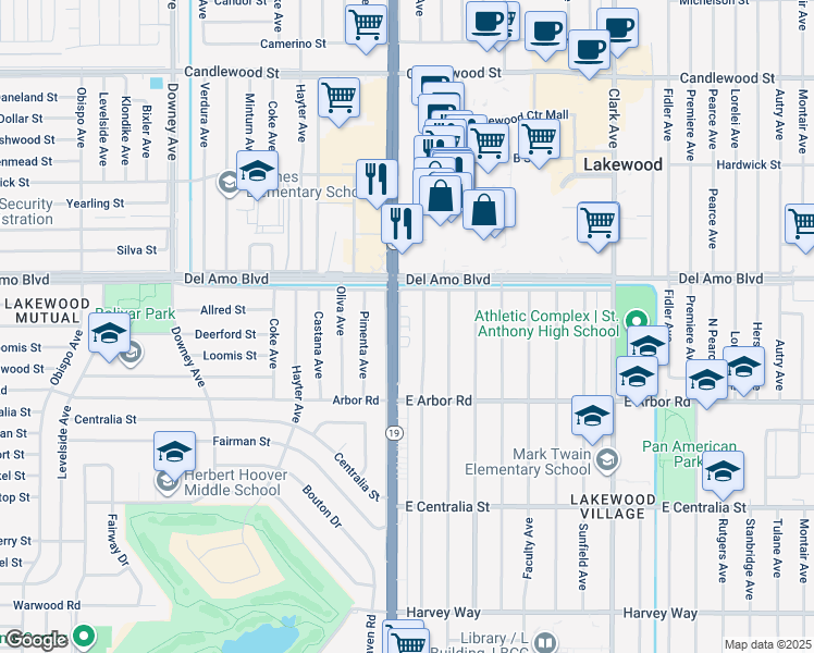 map of restaurants, bars, coffee shops, grocery stores, and more near 4824 North Lakewood Boulevard in Long Beach