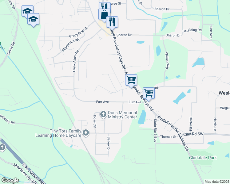 map of restaurants, bars, coffee shops, grocery stores, and more near 4300 Dugger Drive in Powder Springs
