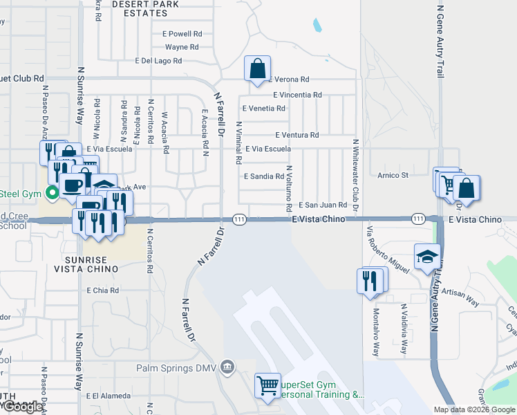 map of restaurants, bars, coffee shops, grocery stores, and more near 2777 East San Juan Road in Palm Springs