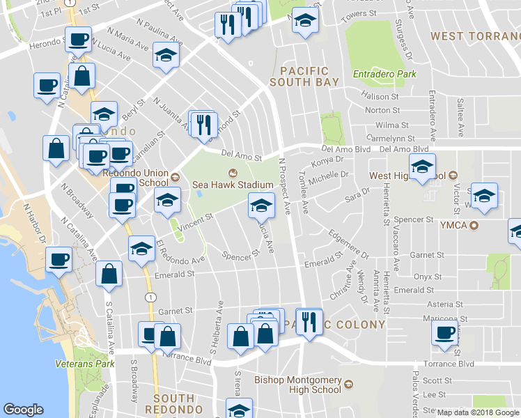 map of restaurants, bars, coffee shops, grocery stores, and more near 210 North Lucia Avenue in Redondo Beach