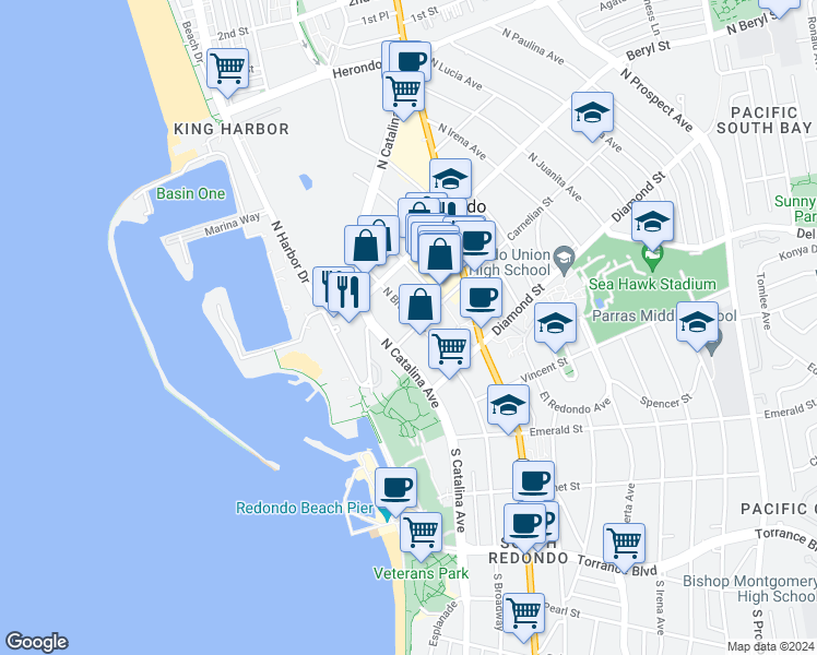 map of restaurants, bars, coffee shops, grocery stores, and more near 217 Carnelian Street in Redondo Beach