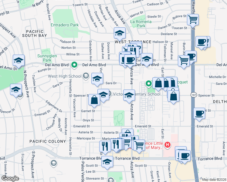 map of restaurants, bars, coffee shops, grocery stores, and more near 4815 White Court in Torrance