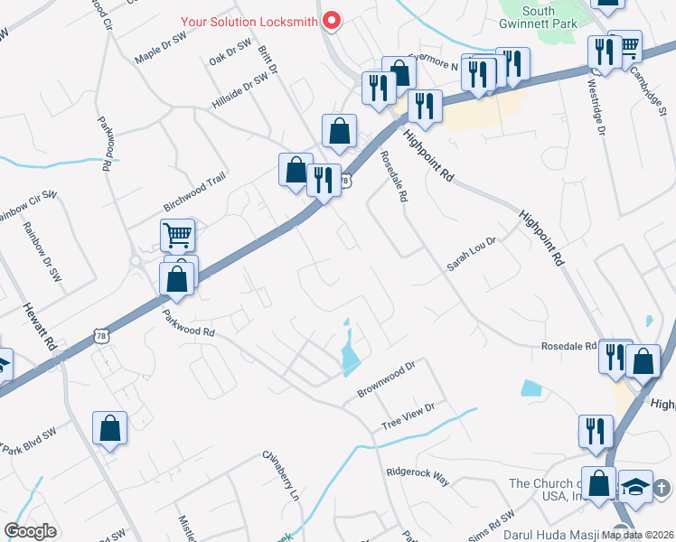 map of restaurants, bars, coffee shops, grocery stores, and more near 2390 Georgia Ln in Snellville