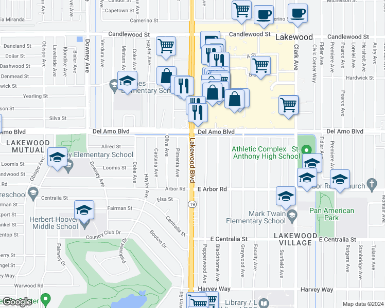 map of restaurants, bars, coffee shops, grocery stores, and more near 4822 Lakewood Boulevard in Long Beach