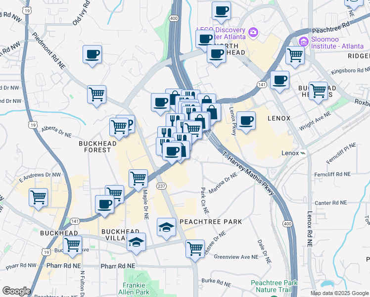 map of restaurants, bars, coffee shops, grocery stores, and more near 3324 Peachtree Road in Atlanta
